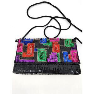 Geometric Sequin Crossbody Shoulder Bag Black with Multicolor Flap